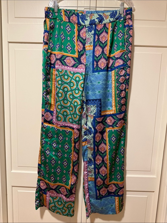 Rachel Zoe Pants - Rachel Zoe Multicolor Patchwork Wide Leg Boho Satin like Pants with Mixed Print
